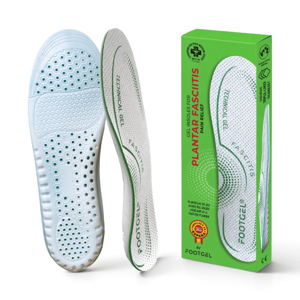 Plantillas Footgel para la fascitis plantar junto a su caja