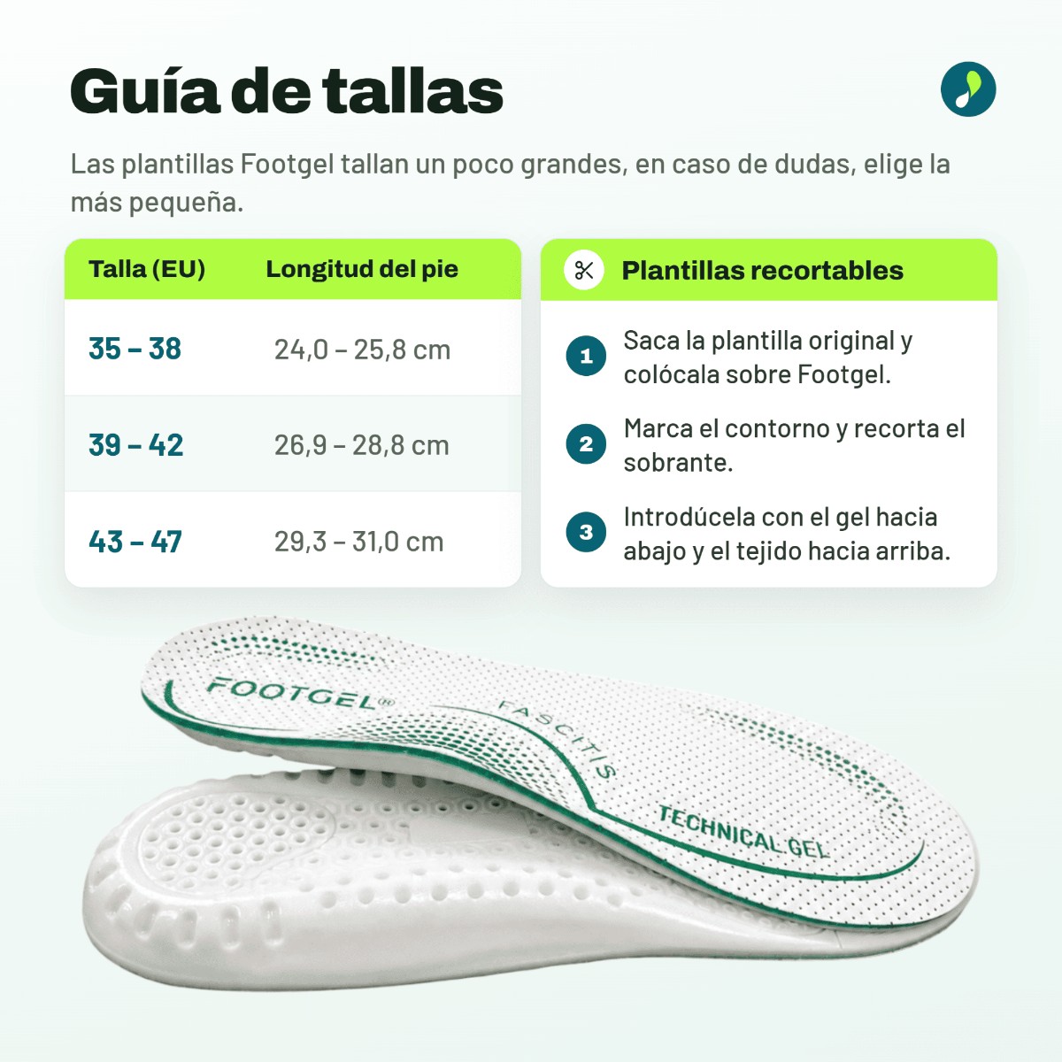 Plantillas Footgel para la fascitis plantar junto a su caja